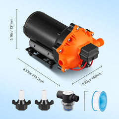 Water Diaphragm Pump, 20.8 LPM Flow, 4.8 bar Rated Pressure (2.8-6.9 bar Adjustable), 12.7 mm MNPT Self Priming Sprayer Pump with Pressure Switch for RV Camper Marine Boat Lawn, FCC Certified
