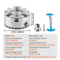 KP96 Lathe Chuck, 4-Jaw 96 mm Diameter, Metal Lathe Chuck Turning Machine Accessories, Self-centering Tool, for Lathe, Precision Machining, Grinding Machines, Milling Machines