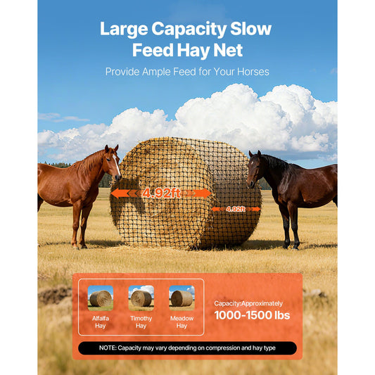 Round Bale Hay Net, 1.5 x 1.5 x 1.5 m, 44.45 x 44.45 mm Holes, PE Material, Reinforced Knotted Design, with Zip Ties, Needle Shuttle, and Repair Twine, Slow Feeder Round Bale Net for Horses