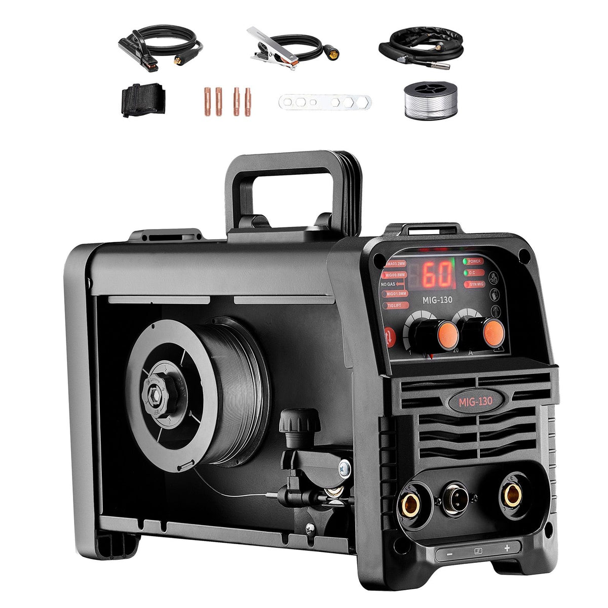 MIG Welder, 130Amp Synergic Mig Welding Machine, 3-in-1 Flux Core MIG/Stick/Lift TIG Multi-Process Welder Machine, Portable Mig Welder with IGBT Inverter Technology & Digital Display Screen