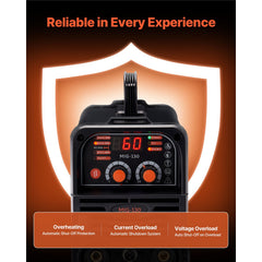 MIG Welder, 130Amp Synergic Mig Welding Machine, 3-in-1 Flux Core MIG/Stick/Lift TIG Multi-Process Welder Machine, Portable Mig Welder with IGBT Inverter Technology & Digital Display Screen