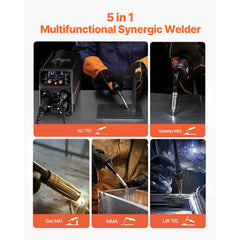 Pro MIG Welder, 200Amp Pluse Mig Welding Machine, 5-in-1 Synergic Welder Machine MIG Pluse/Gas MIG/Flux Core MIG/Stick/Lift TIG with IGBT Inverter Technology and LCD Screen Display