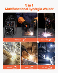 Pro MIG Welder, 250Amp Pluse Mig Welding Machine, 5-in-1 Synergic Welder Machine MIG Pluse/Gas MIG/Flux Core MIG/Stick/Lift TIG with IGBT Inverter Technology and LCD Screen Display