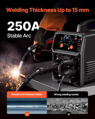 Pro MIG Welder, 250Amp Pluse Mig Welding Machine, 5-in-1 Synergic Welder Machine MIG Pluse/Gas MIG/Flux Core MIG/Stick/Lift TIG with IGBT Inverter Technology and LCD Screen Display