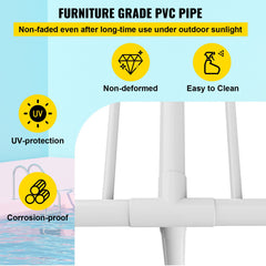 Pool Towel Rack, 5 Bar, White, Freestanding Outdoor PVC T-Shape Poolside Storage Organizer, Include 8 Towel Clips, Mesh Bag, Hook, Also Stores Floats and Paddles, for Beach, Swimming Pool, Home