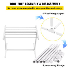 Pool Towel Rack, 5 Bar, White, Freestanding Outdoor PVC T-Shape Poolside Storage Organizer, Include 8 Towel Clips, Mesh Bag, Hook, Also Stores Floats and Paddles, for Beach, Swimming Pool, Home