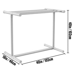 Pool Towel Rack, 5 Bar, White, Freestanding Outdoor PVC T-Shape Poolside Storage Organizer, Include 8 Towel Clips, Mesh Bag, Hook, Also Stores Floats and Paddles, for Beach, Swimming Pool, Home