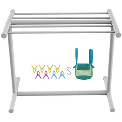 Pool Towel Rack, 5 Bar, White, Freestanding Outdoor PVC T-Shape Poolside Storage Organizer, Include 8 Towel Clips, Mesh Bag, Hook, Also Stores Floats and Paddles, for Beach, Swimming Pool, Home