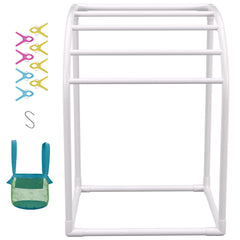 Pool Towel Rack, 5 Bar, Milky, Freestanding Outdoor PVC Curved Poolside Storage Organizer, Include 8 Towel Clips, Mesh Bag, Hook, Also Stores Floats and Paddles, for Beach, Swimming Pool, Home