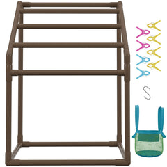 Pool Towel Rack, 5 Bar, Brown, Freestanding Outdoor PVC Trapedozal Poolside Storage Organizer, Include 8 Towel Clips, Mesh Bag, Hook, Also Stores Floats and Paddles, for Beach, Swimming Pool