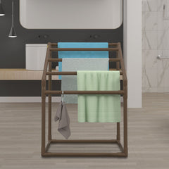 Pool Towel Rack, 5 Bar, Brown, Freestanding Outdoor PVC Trapedozal Poolside Storage Organizer, Include 8 Towel Clips, Mesh Bag, Hook, Also Stores Floats and Paddles, for Beach, Swimming Pool
