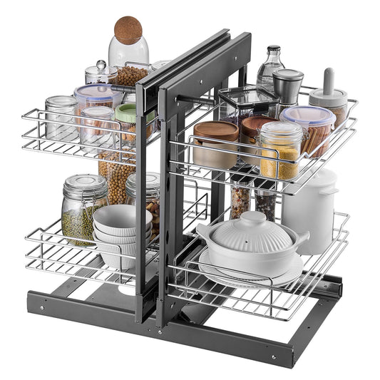 Min 15"W Opening Blind Corner Pull Out Organizer, 2 Tier 4 Shelf Kitchen Cabinet Organizer, Chrome Carbon Steel Storage Basket, Slide Out Storage Organizer, Left & Right Open Compatible