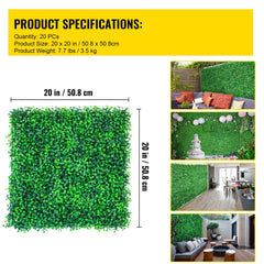 Product specifications for VEVOR artificial green wall panels with images of usage.