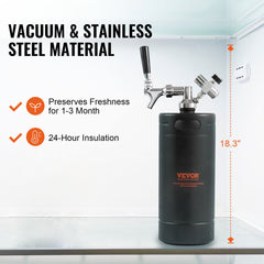 VEVOR Beer Growler Tap System, 4L Mini Keg, 304 Stainless Steel Pressurized Beer Growler, Keg Growler with Pressure Display, CO2 Regulator Faucet, Leak-Proof Ring For Draft, Homebrew, Craft Beer