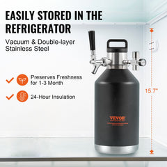 VEVOR Beer Growler Tap System, 4L Mini Keg, 304 Stainless Steel Pressurized Beer Growler, Keg Growler with Pressure Display, CO2 Regulator Faucet, Leak-Proof Ring For Draft, Homebrew, Craft Beer