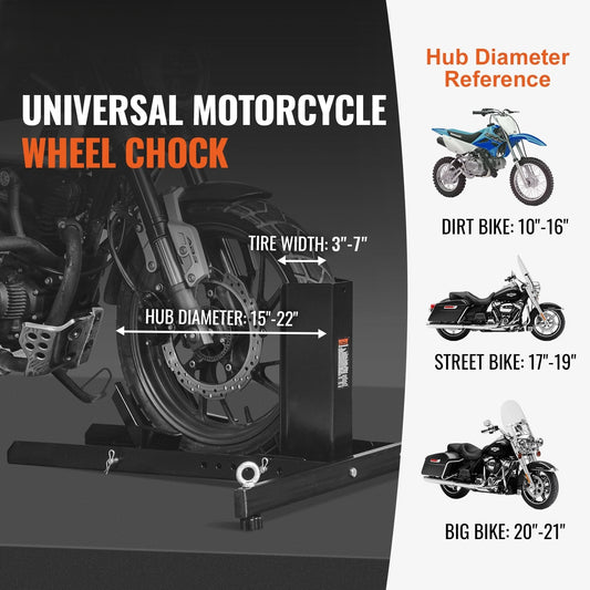 Motorcycle Wheel Chock Upright, 816.5 kg Capacity, Heavy-duty Steel Motorcycle Front Wheel Stand with 6 Adjustable Holes, For 381-558.8 mm Off-Road Motorcycles, Standard Motorcycles