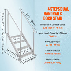 Dock Ladder 4 Step, Dock Stairs 30''-38'' Adjustable Height, 227 kgs Load Capacity, Aluminum Pontoon Boat Ladder with Dual Handrails & Nonslip Mat for Ship/Lake/Pool/Marine Boarding