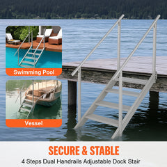 Dock Ladder 4 Step, Dock Stairs 30''-38'' Adjustable Height, 227 kgs Load Capacity, Aluminum Pontoon Boat Ladder with Dual Handrails & Nonslip Mat for Ship/Lake/Pool/Marine Boarding
