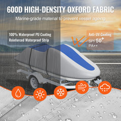 Jet Ski Cover 320-342 cm Trailerable Waterproof PWC Cover, Heavy-duty 600D Marine Grade PU Oxford Fabric, UV Resistant Seadoo Cover with Buckle Straps, Personal Watercraft Covers, Grey+Blue