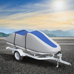 Jet Ski Cover 320-342 cm Trailerable Waterproof PWC Cover, Heavy-duty 600D Marine Grade PU Oxford Fabric, UV Resistant Seadoo Cover with Buckle Straps, Personal Watercraft Covers, Grey+Blue