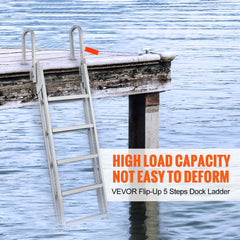 Dock Ladder Flip Up 5 Steps, 350lbs Load Capacity, Aluminum Pontoon Boat Ladder with 4" Wide Step & Nonslip Rubber Mat,Swimm Step Ladder for Ship/Lake/Pool/Marine Boarding