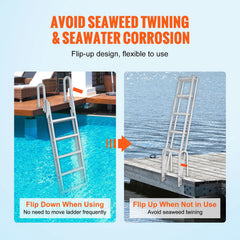 Dock Ladder Flip Up 5 Steps, 350lbs Load Capacity, Aluminum Pontoon Boat Ladder with 4" Wide Step & Nonslip Rubber Mat,Swimm Step Ladder for Ship/Lake/Pool/Marine Boarding
