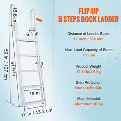 Dock Ladder Flip Up 5 Steps, 350lbs Load Capacity, Aluminum Pontoon Boat Ladder with 4" Wide Step & Nonslip Rubber Mat,Swimm Step Ladder for Ship/Lake/Pool/Marine Boarding