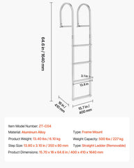 Removable Dock Ladder, 4 Steps, Aluminum Alloy Pontoon Boat Swim Ladder, with Non-Slip Wide Steps, 227 kg Weight Capacity, Quick Release Design, for Lake Swimming, Pool, Boat, Marine Boarding