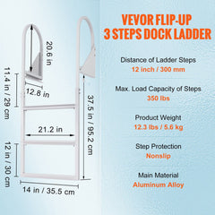 Dock Ladder, Flip-Up 3 Steps, 159 kg Load Capacity, Aluminum Alloy Pontoon Boat Ladder with 50.8 mm Wide Step & Nonslip Rubber Mat, Easy to Install for Ship/Lake/Pool/Marine Boarding