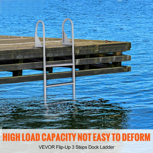 Dock Ladder, Flip-Up 3 Steps, 159 kg Load Capacity, Aluminum Alloy Pontoon Boat Ladder with 50.8 mm Wide Step & Nonslip Rubber Mat, Easy to Install for Ship/Lake/Pool/Marine Boarding