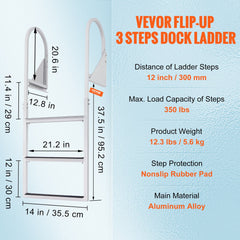 Dock Ladder, Flip-Up 3 Steps, 159 kg Load Capacity, Aluminum Alloy Pontoon Boat Ladder with 50.8 mm Wide Step & Nonslip Rubber Mat, Easy to Install for Ship/Lake/Pool/Marine Boarding