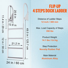 Dock Ladder, Flip-Up 4 Steps, 159 kg Load Capacity, Aluminum Alloy Pontoon Boat Ladder with 50.8 mm Wide Step & Nonslip Rubber Mat, Easy to Install for Ship/Lake/Pool/Marine Boarding