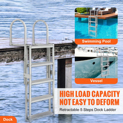 Dock Ladder, Retractable 5 Steps, 350 lbs Load Capacity, Aluminum Alloy Pontoon Boat Ladder with 66.9''-78.9'' Adjustable Height, 4'' Wide Step & Mat, for Ship/Lake/Pool/Marine Boarding