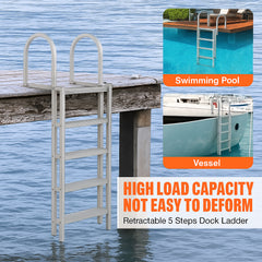 Dock Ladder, Retractable 5 Steps, 350 lbs Load Capacity, Aluminum Alloy Pontoon Boat Ladder with 66.9''-78.9'' Adjustable Height, 4'' Wide Step & Mat, for Ship/Lake/Pool/Marine Boarding