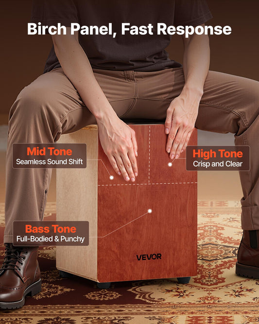 Cajon Box Drum, with Internal Guitar Strings, Lightweight Wooden Percussion Box, Portable Birch Wood Drum Musical Instrument with Travel Bag, for Beginners and Professionals, 305 x 305 x 430 mm