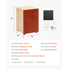 Cajon Box Drum, with Internal Guitar Strings, Lightweight Wooden Percussion Box, Portable Birch Wood Drum Musical Instrument with Silicone Feet, for Beginner & Professional, 305 x 305 x 430 mm