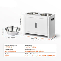 White pet feeding station with metal bowls and dimensions on a white background, featuring VEVOR branding.