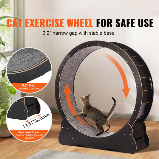 Wooden Cat Exercise Wheel, 43.3" Large Cat Treadmill Wheel for Indoor Cats, Cat Running Wheel with Detachable Carpet & Cat Teaser for Running/Walking/Training, Suitable for Most Cats