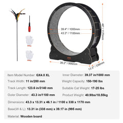 Wooden Cat Exercise Wheel, 43.3" Large Cat Treadmill Wheel for Indoor Cats, Cat Running Wheel with Detachable Carpet & Cat Teaser for Running/Walking/Training, Suitable for Most Cats