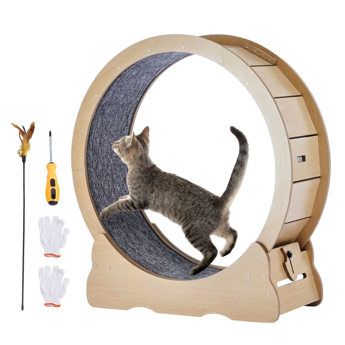 Cat Exercise Wheel, Large Cat Treadmill Wheel for Indoor Cats, 35.8 inch Cat Running Wheel with Detachable Carpet and Cat Teaser for Running/Walking/Training, Suitable for Most Cats