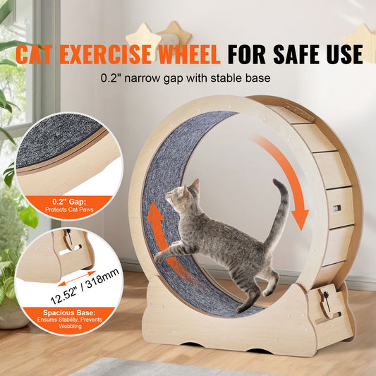 Cat Exercise Wheel, Large Cat Treadmill Wheel for Indoor Cats, 35.8 inch Cat Running Wheel with Detachable Carpet and Cat Teaser for Running/Walking/Training, Suitable for Most Cats