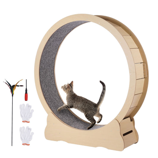 Wooden Cat Exercise Wheel, 1320mm Large Cat Treadmill Wheel for Indoor Cats, Cat Running Wheel with Detachable Carpet & Cat Teaser for Running/Walking/Training, Suitable for Most Cats