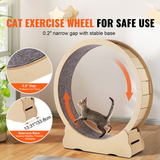 Wooden Cat Exercise Wheel, 1320mm Large Cat Treadmill Wheel for Indoor Cats, Cat Running Wheel with Detachable Carpet & Cat Teaser for Running/Walking/Training, Suitable for Most Cats