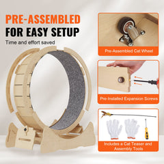 Wooden Cat Exercise Wheel, 43.3" Large Cat Treadmill Wheel for Indoor Cats, Cat Running Wheel with Detachable Carpet & Cat Teaser for Running/Walking/Training, Suitable for Most Cats Yellow