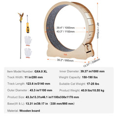 Wooden Cat Exercise Wheel, 43.3" Large Cat Treadmill Wheel for Indoor Cats, Cat Running Wheel with Detachable Carpet & Cat Teaser for Running/Walking/Training, Suitable for Most Cats Yellow
