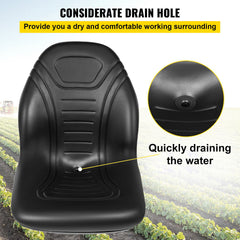 Universal Lawn Tractor Seat Replacement, Compact High Back Mower Seat, Black Vinyl Forklift Seat, Central Drain Hole Skid Steer Seat with Mounting Bolt Patterns of 8" x 11.5" & 11.25" x 11.5"