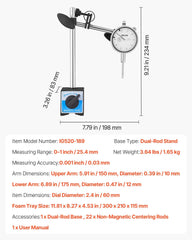 Dial Test Indicator with Dual Rod Stand and Storage Case, 0.03 mm Accuracy, 0-25.4mm Range, Fine Adjustable Long Arm, Non-Magnetic Centering Rods for Machine Set-Up, Narrow Area Measurement