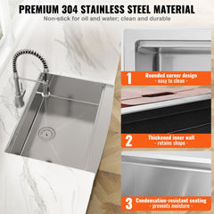 Farmhouse Kitchen Sink, 304 Stainless Steel Drop-In Sinks, Top Mount Single Bowl Basin with Ledge & Accessories, Household Dishwasher Sinks for Workstation, Prep Kitchen, and Bar Sink, 30 inch