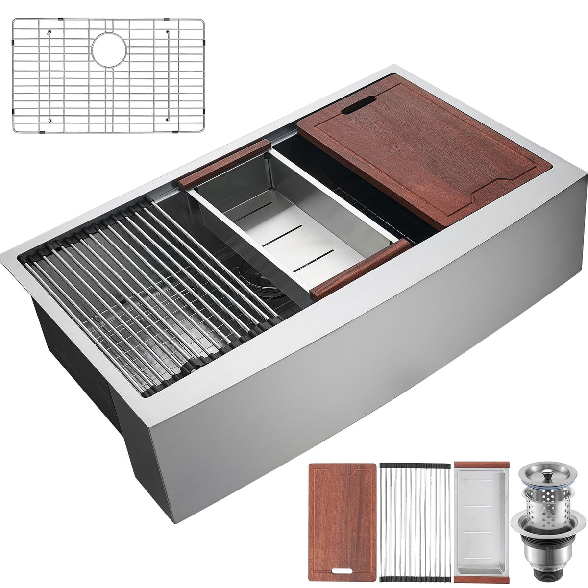 Farmhouse Kitchen Sink, 304 Stainless Steel Drop-In Sinks, Top Mount Single Bowl Basin with Ledge & Accessories, Household Dishwasher Sinks for Workstation, Prep Kitchen, and Bar Sink, 36 inch