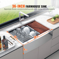 Farmhouse Kitchen Sink, 304 Stainless Steel Drop-In Sinks, Top Mount Single Bowl Basin with Ledge & Accessories, Household Dishwasher Sinks for Workstation, Prep Kitchen, and Bar Sink, 36 inch
